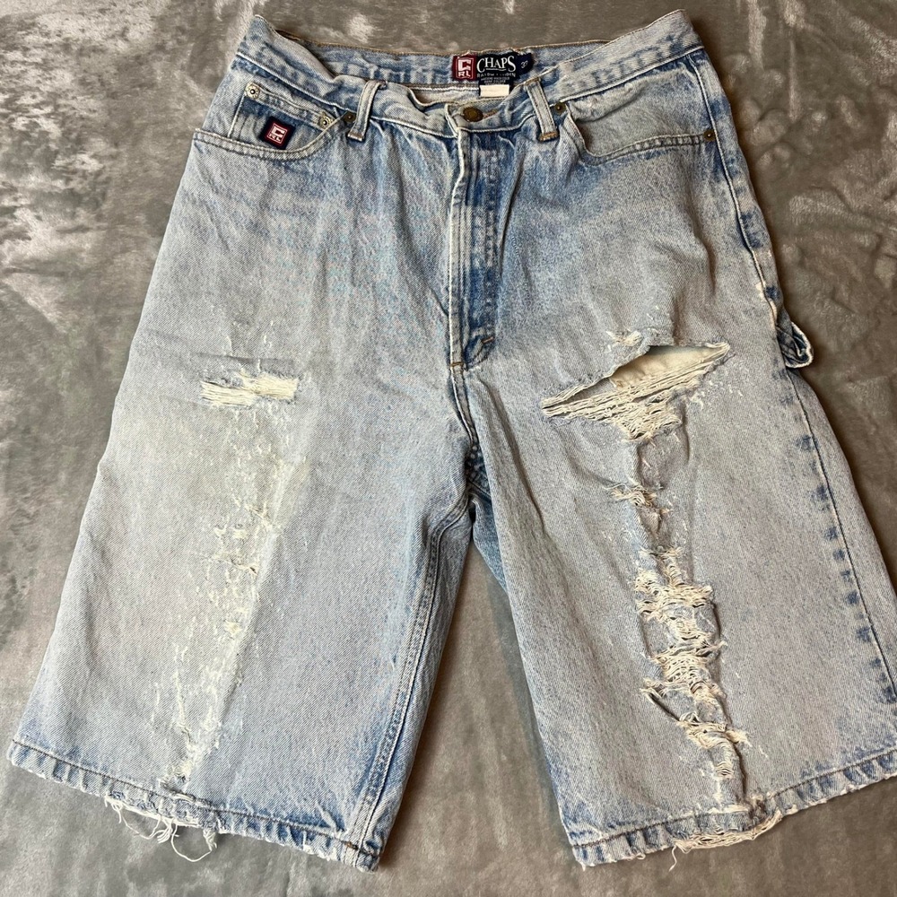 Chaps Ralph Lauren Mens Distressed Light Wash Denim Carpenter Shorts Size 33